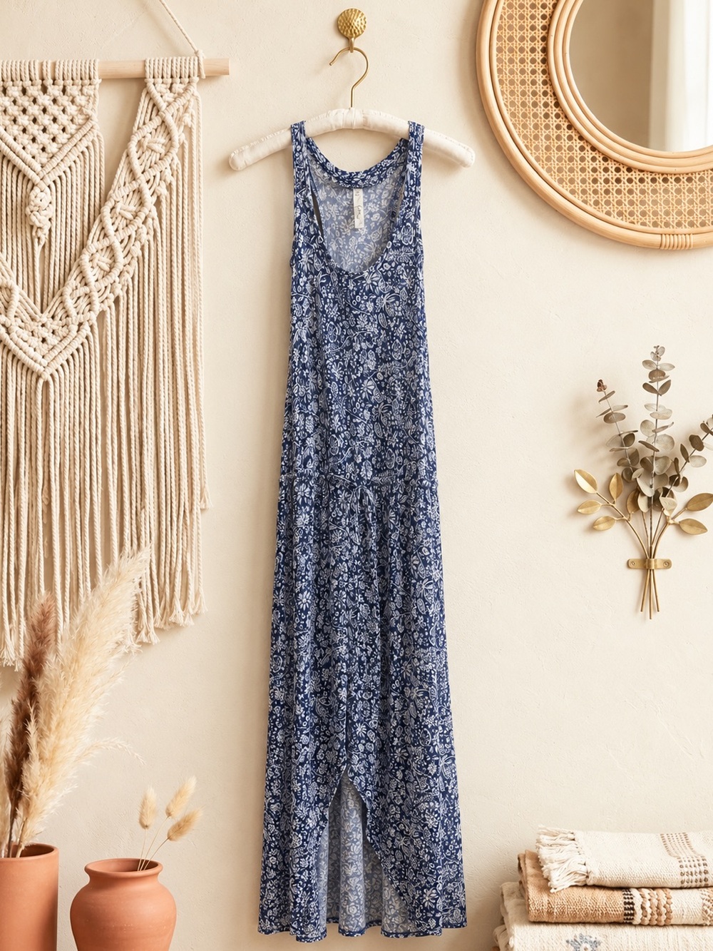 Jessica Simpson Blue and White Floral Racerback Maxi Dress